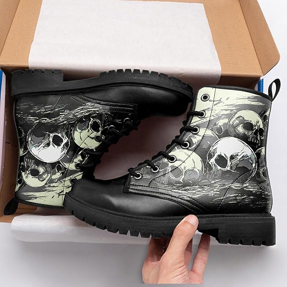 Women Skull Ankle Leather Hunting Boots Motorcycle Boots Black Shoes - Colorsprinter