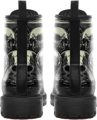 Women Skull Ankle Leather Hunting Boots Motorcycle Boots Black Shoes - Colorsprinter