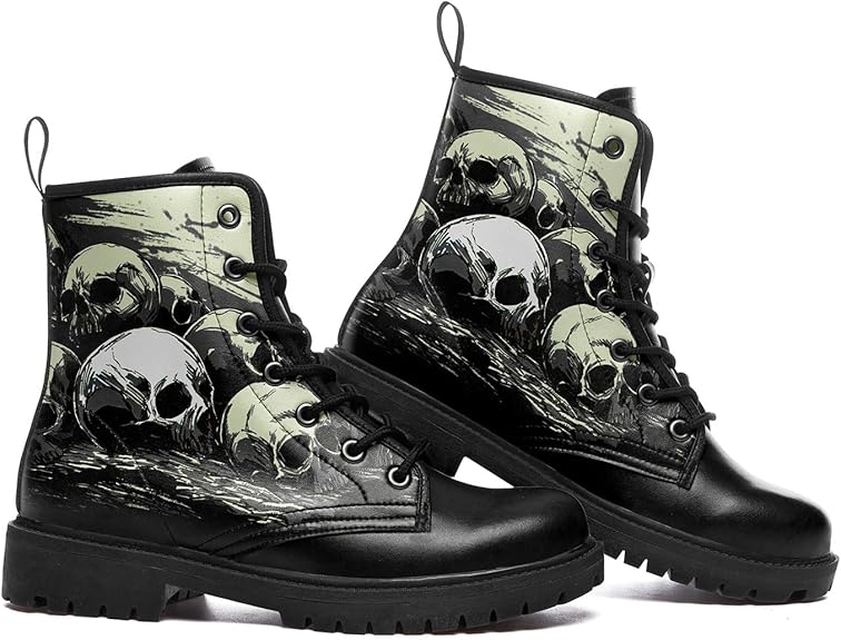 Women Skull Ankle Leather Hunting Boots Motorcycle Boots Black Shoes - Colorsprinter