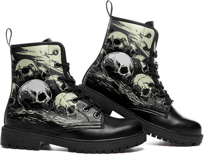 Women Skull Ankle Leather Hunting Boots Motorcycle Boots Black Shoes - Colorsprinter